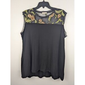 Pebble & Stone Women's Top Black 2X Sleeveless Tee Embroidered Sexy Sheer Floral